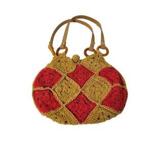Vintage Hand Made crochet bag Boho-Chateau 10" x 7.5" Cream -Red